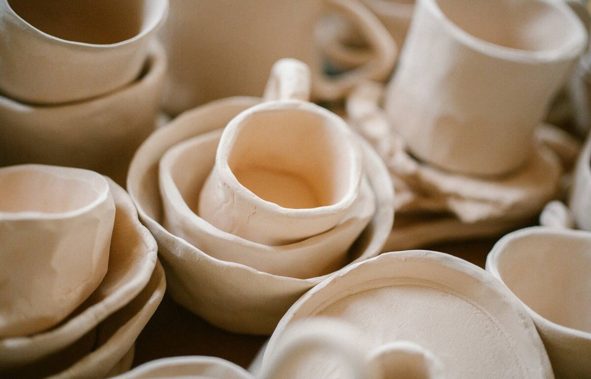 Fired stoneware bowls in the studio